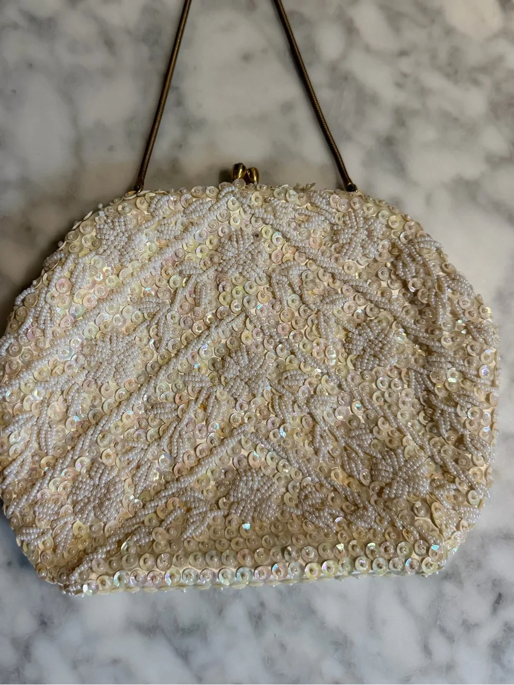 Small Vintage White Beaded Evening Clutch Handbag Purse Classic Bridal Heirloom